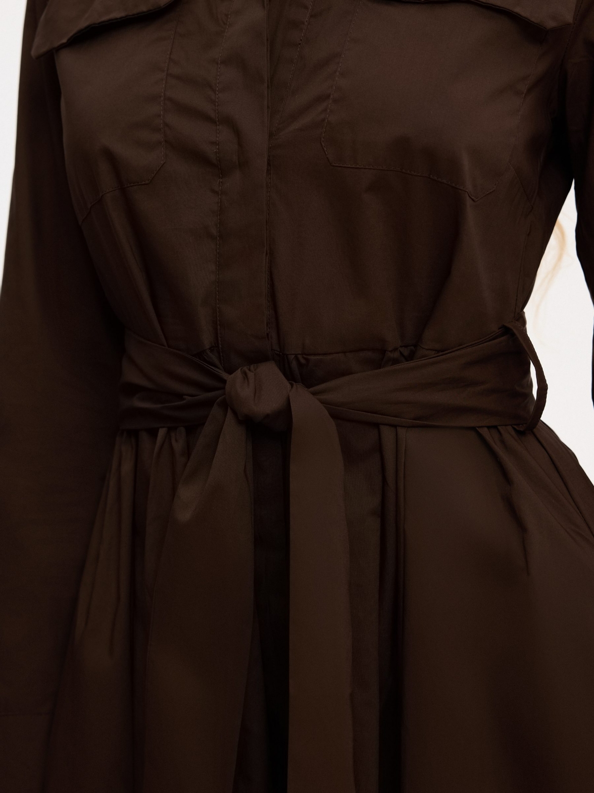 Midi shirt dress in plain poplin chocolate detail view