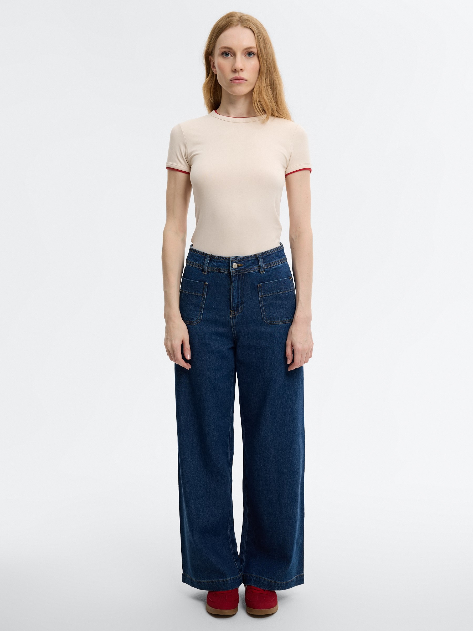 Slim viscose double-sleeve T-shirt sand middle front view