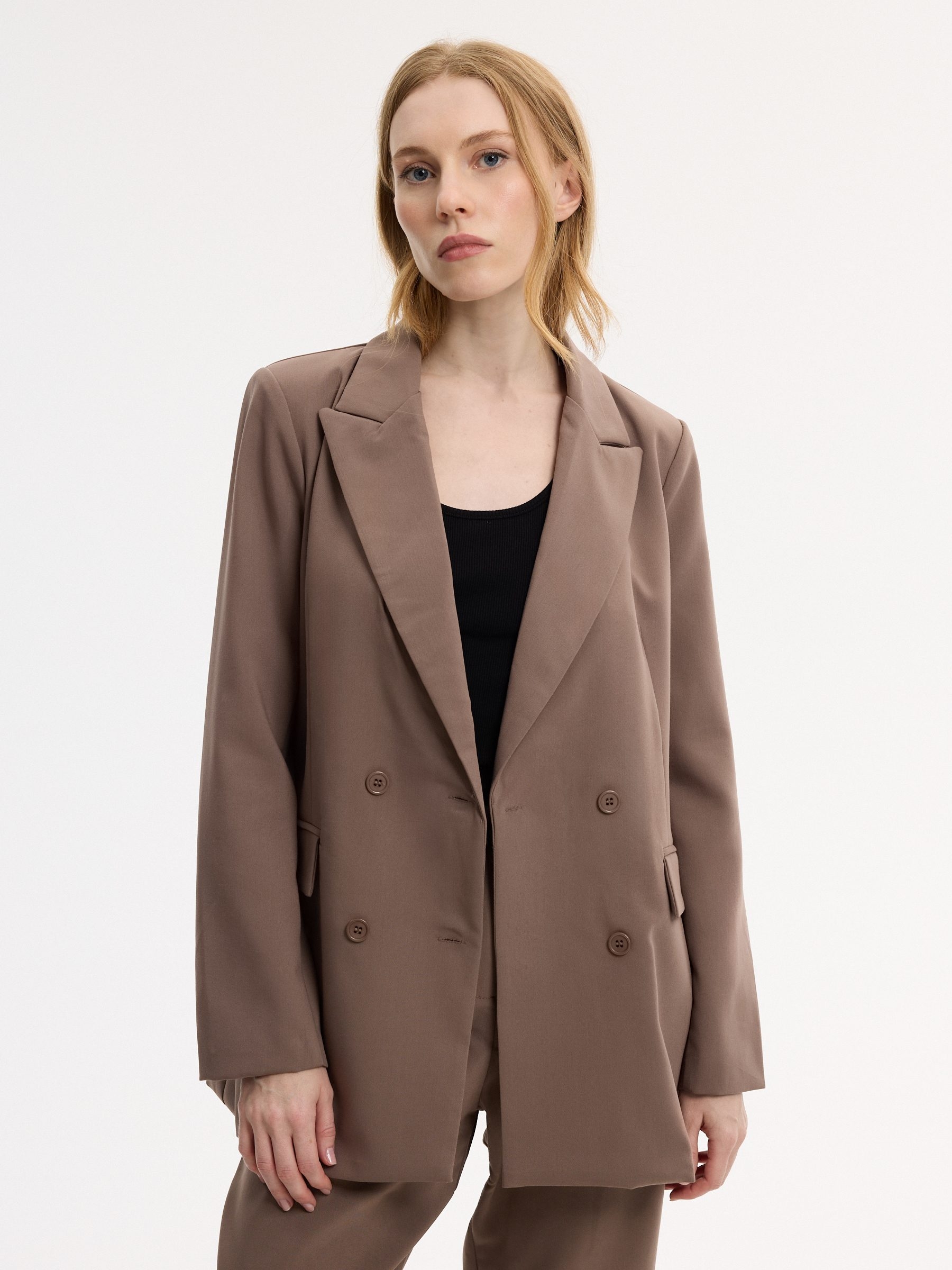 Plain double-breasted blazer taupe middle front view