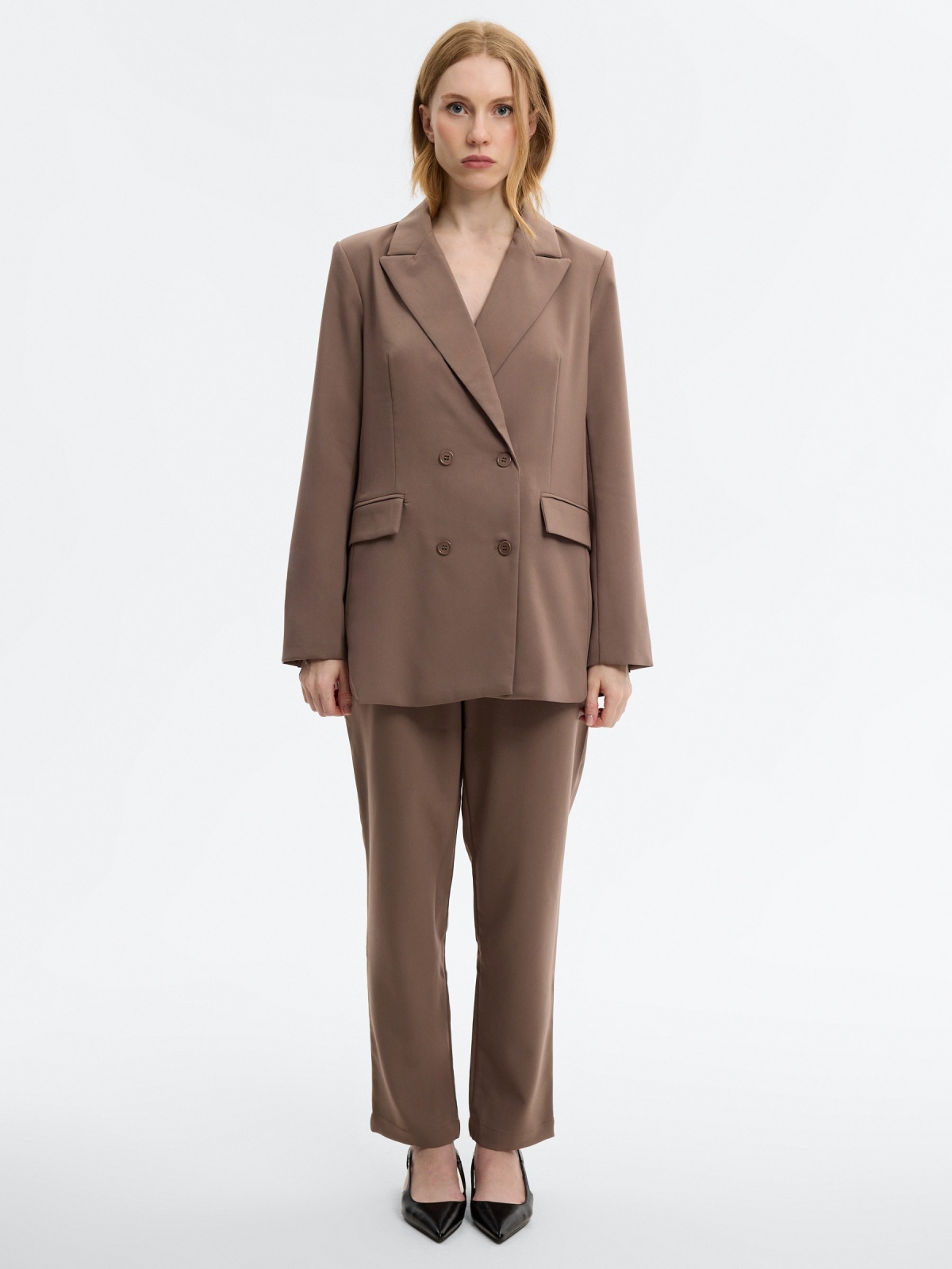 Plain double-breasted blazer taupe detail view