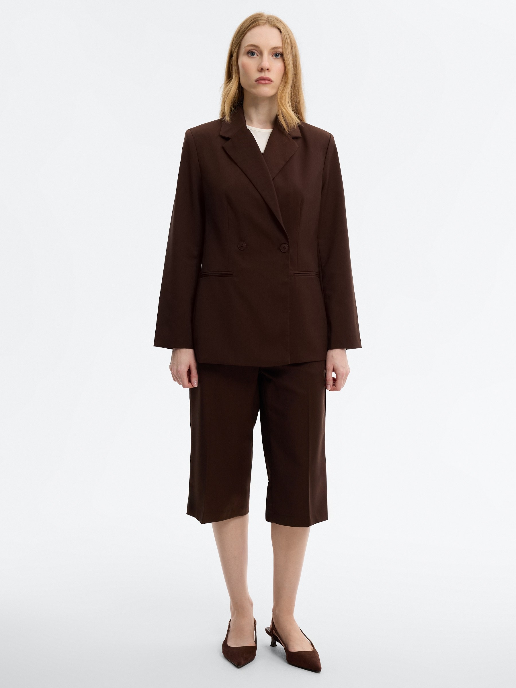 Double-breasted slim fit blazer chocolate middle front view