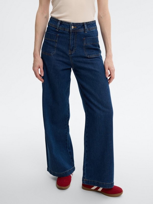 Jeans wide leg multibolsillos tiro alto azul vista media frontal