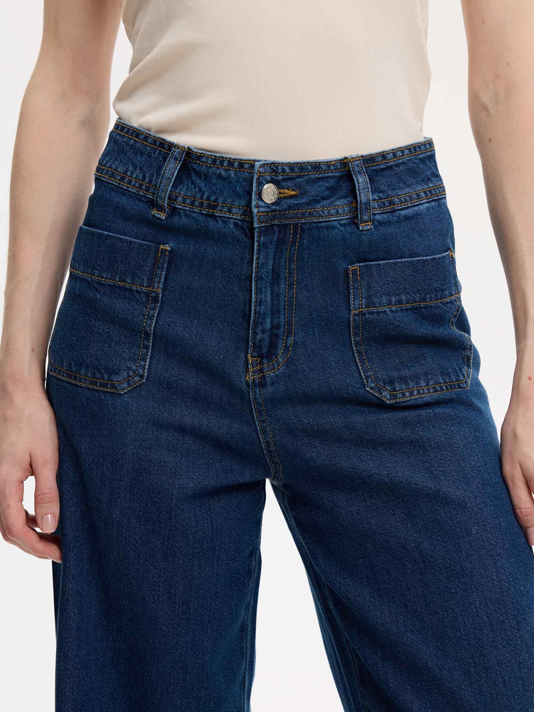 High-waisted multi-pocket wide-leg jeans blue front view