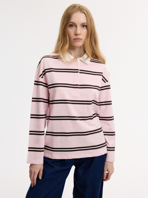 Striped fleece polo sweatshirt light pink middle front view