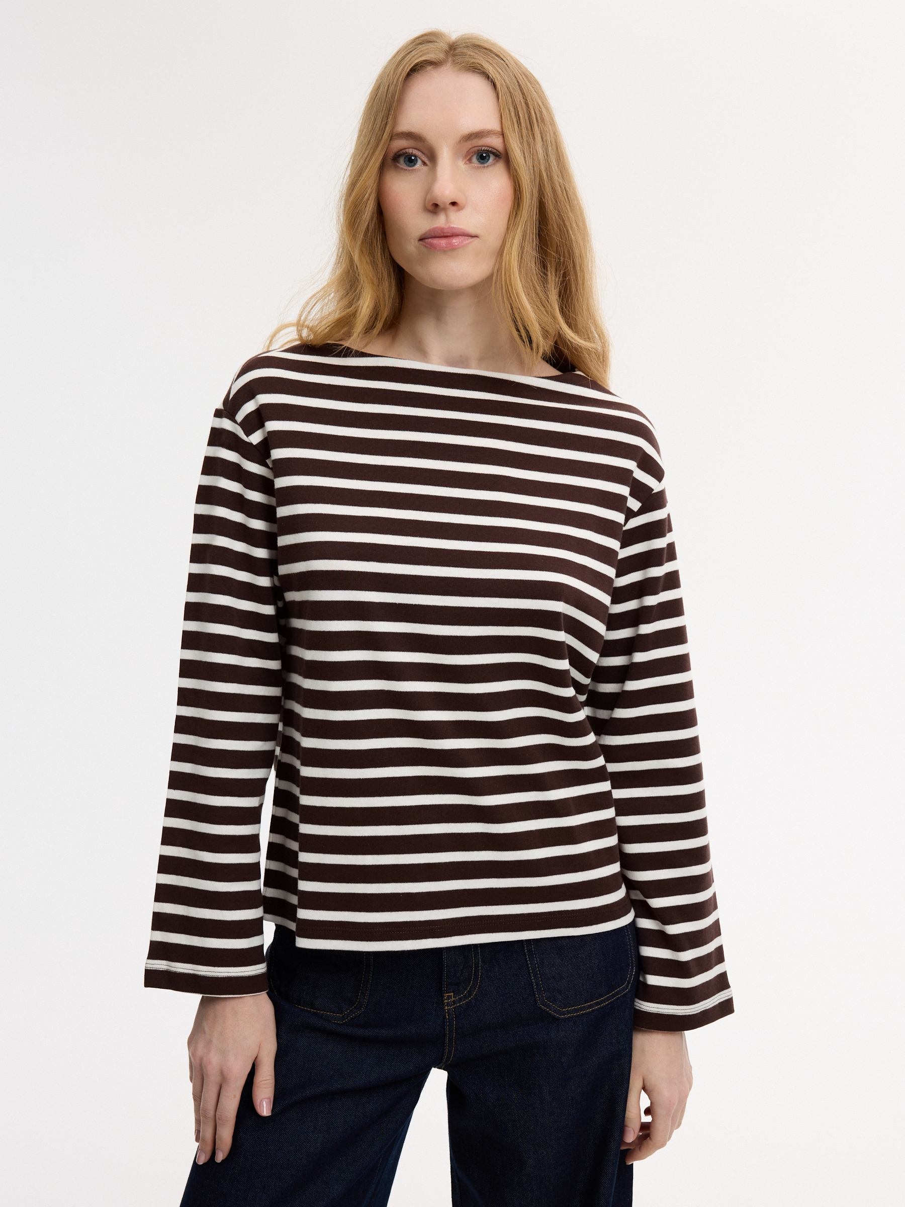 Camiseta básica listrada manga longa chocolate vista meia frontal