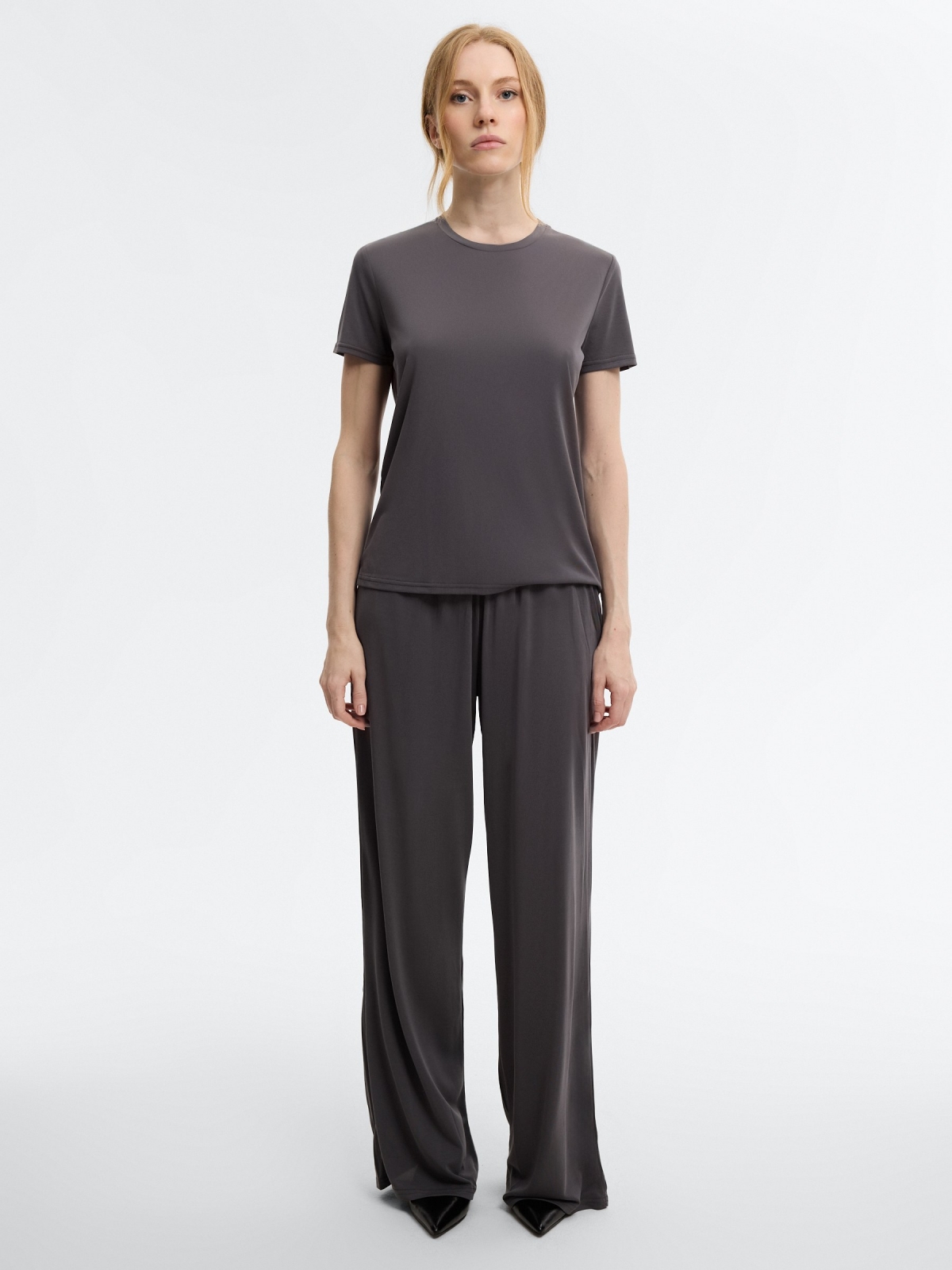 Calça de moletom wide leg melange claro vista geral frontal