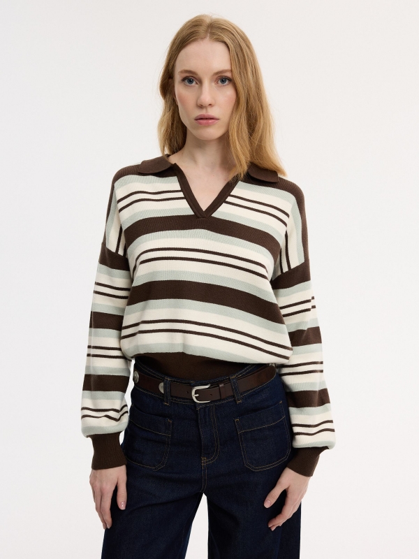 Jersey cuello polo rayas tricotosa chocolate vista media frontal