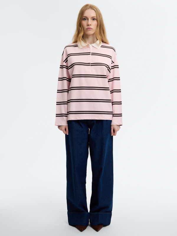 Striped fleece polo sweatshirt light pink front view