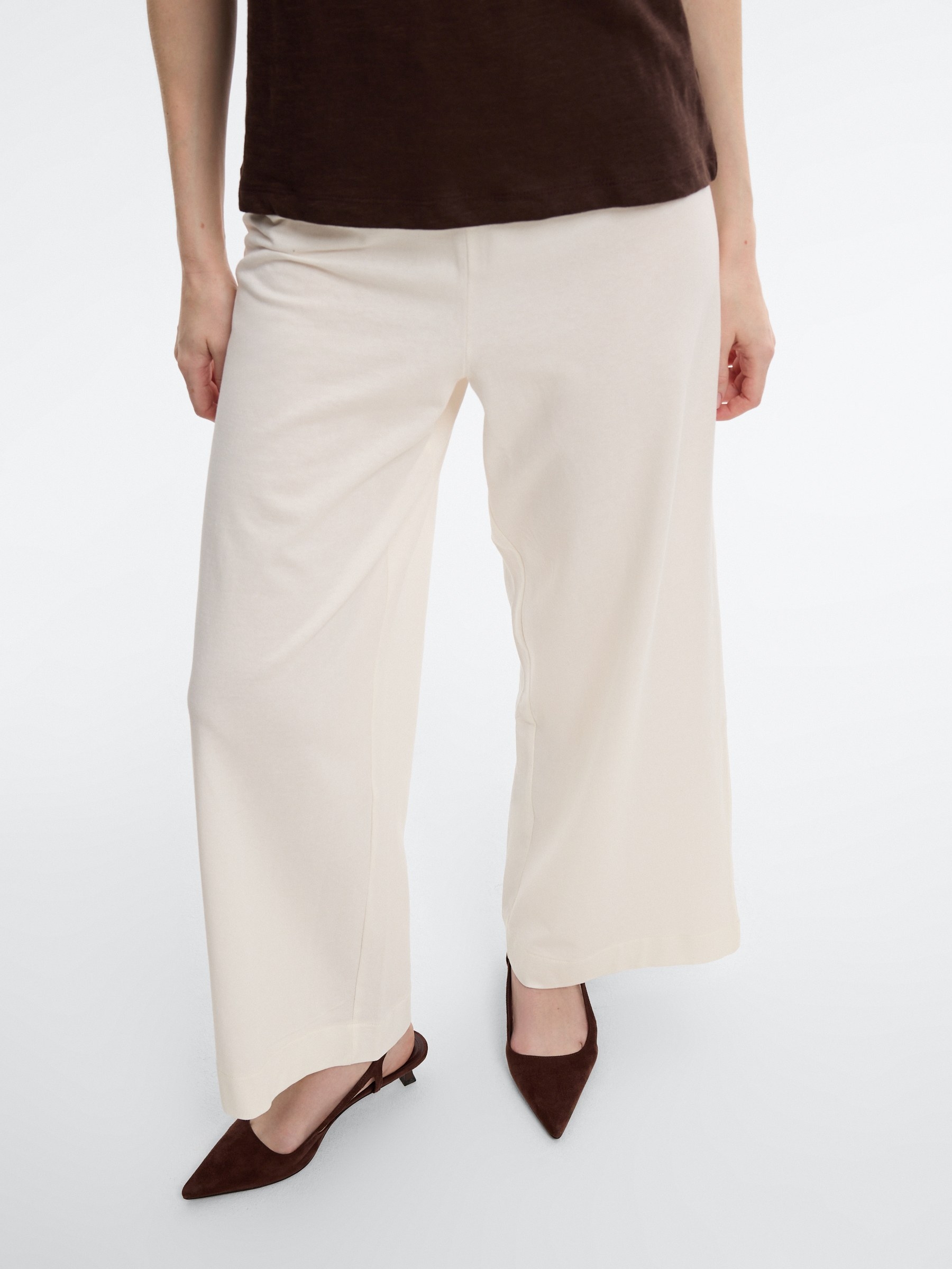 Pantalón fluido algodón tiro alto blanco roto vista general frontal