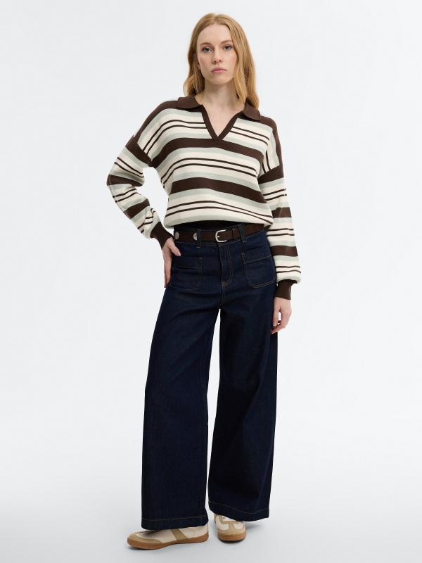 Striped knit polo-neck sweater chocolate front view