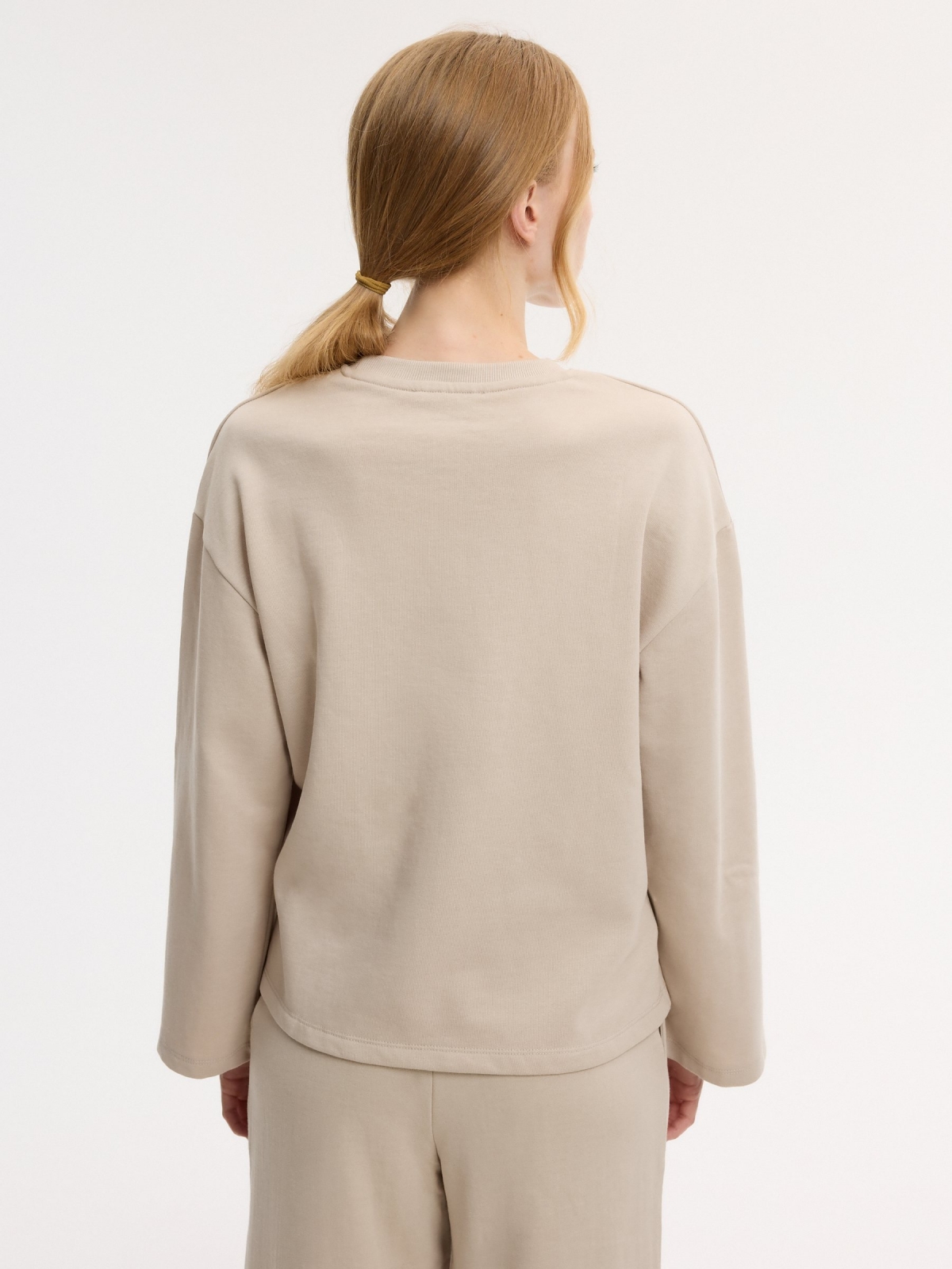 Basic crew neck fleece sweatshirt beige middle back view