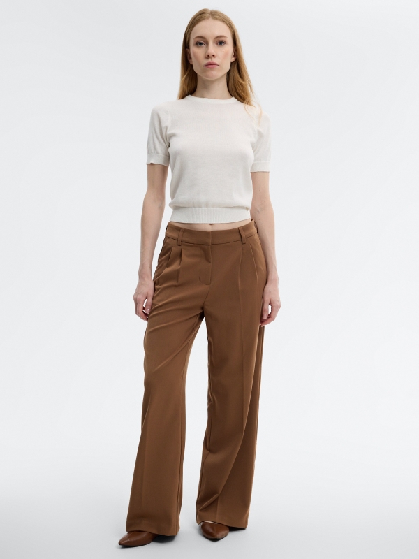 Double-pleat palazzo pants brown front view