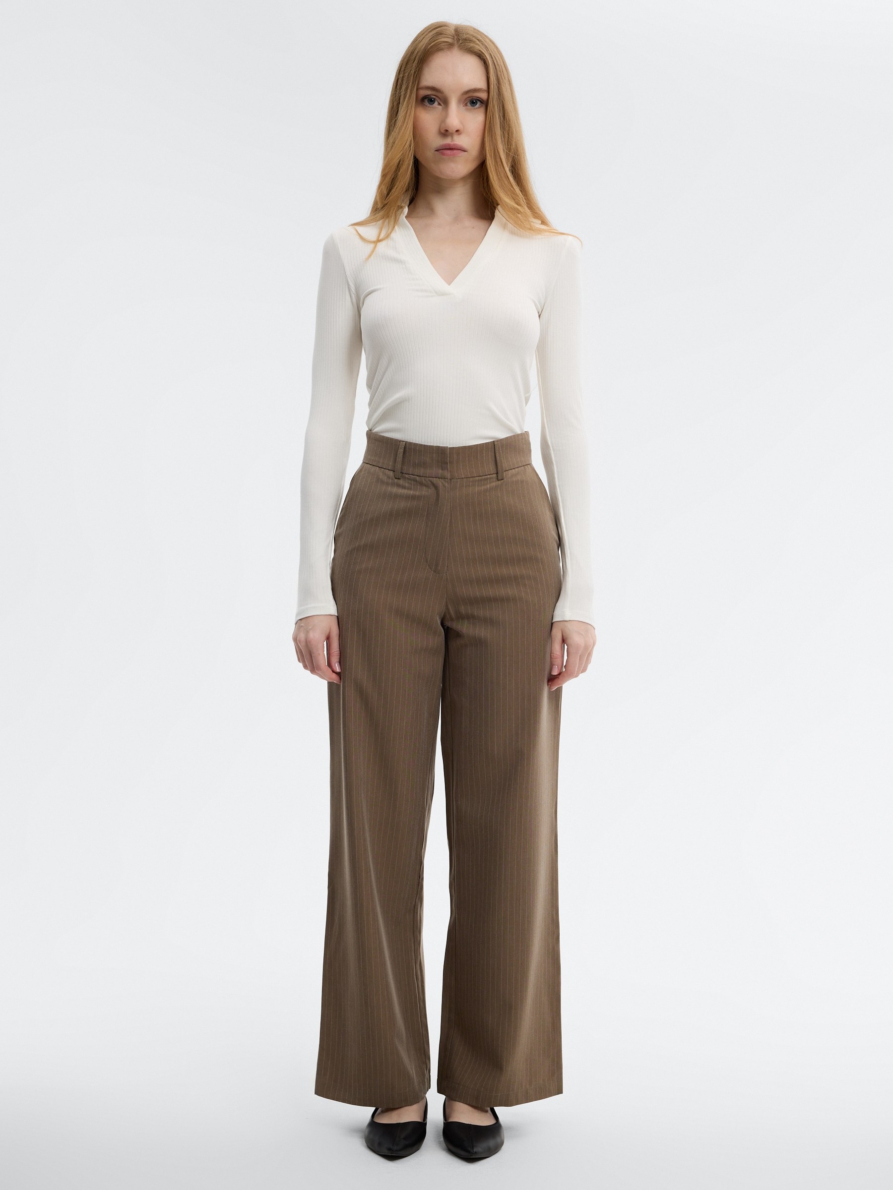 Straight-leg striped mid-rise pants taupe front view