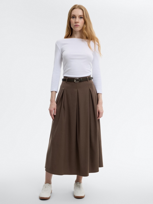 Plain viscose flared midi skirt taupe middle front view