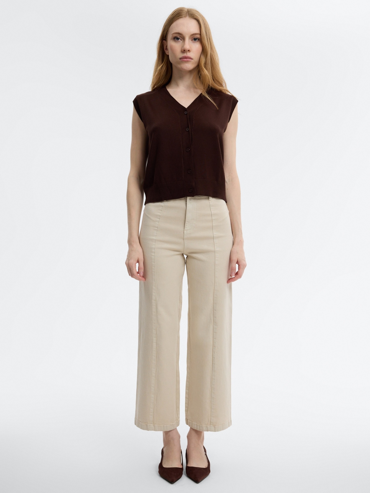 High-waisted culotte pants sand front view