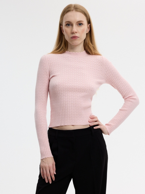 Jersey calado cuello redondo slim rosa claro vista media frontal