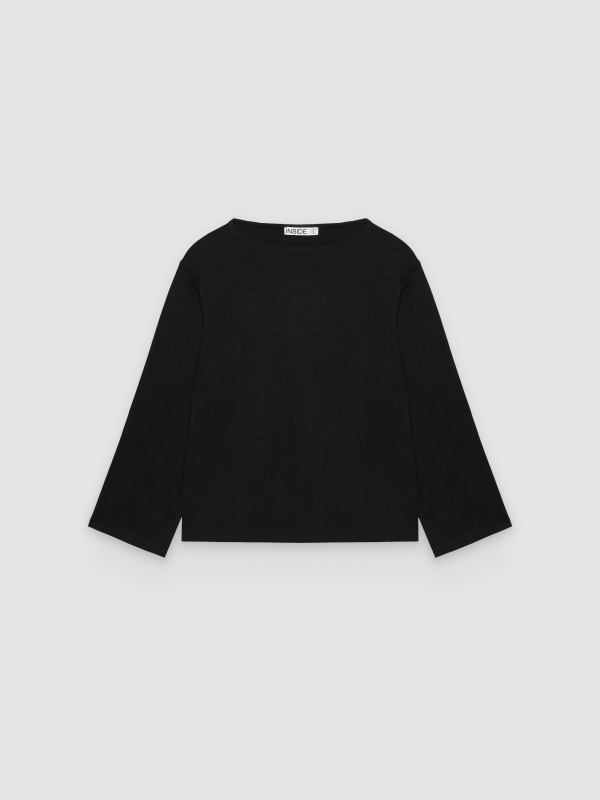  Basic long-sleeve boat neck T-shirt black front view
