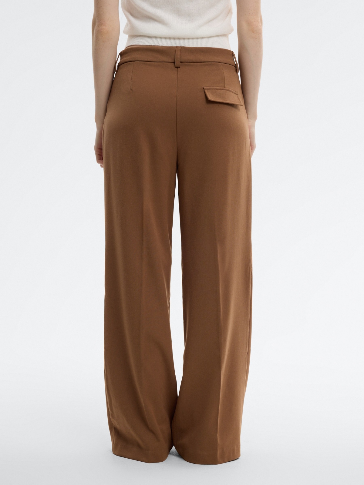 Double-pleat palazzo pants brown middle back view