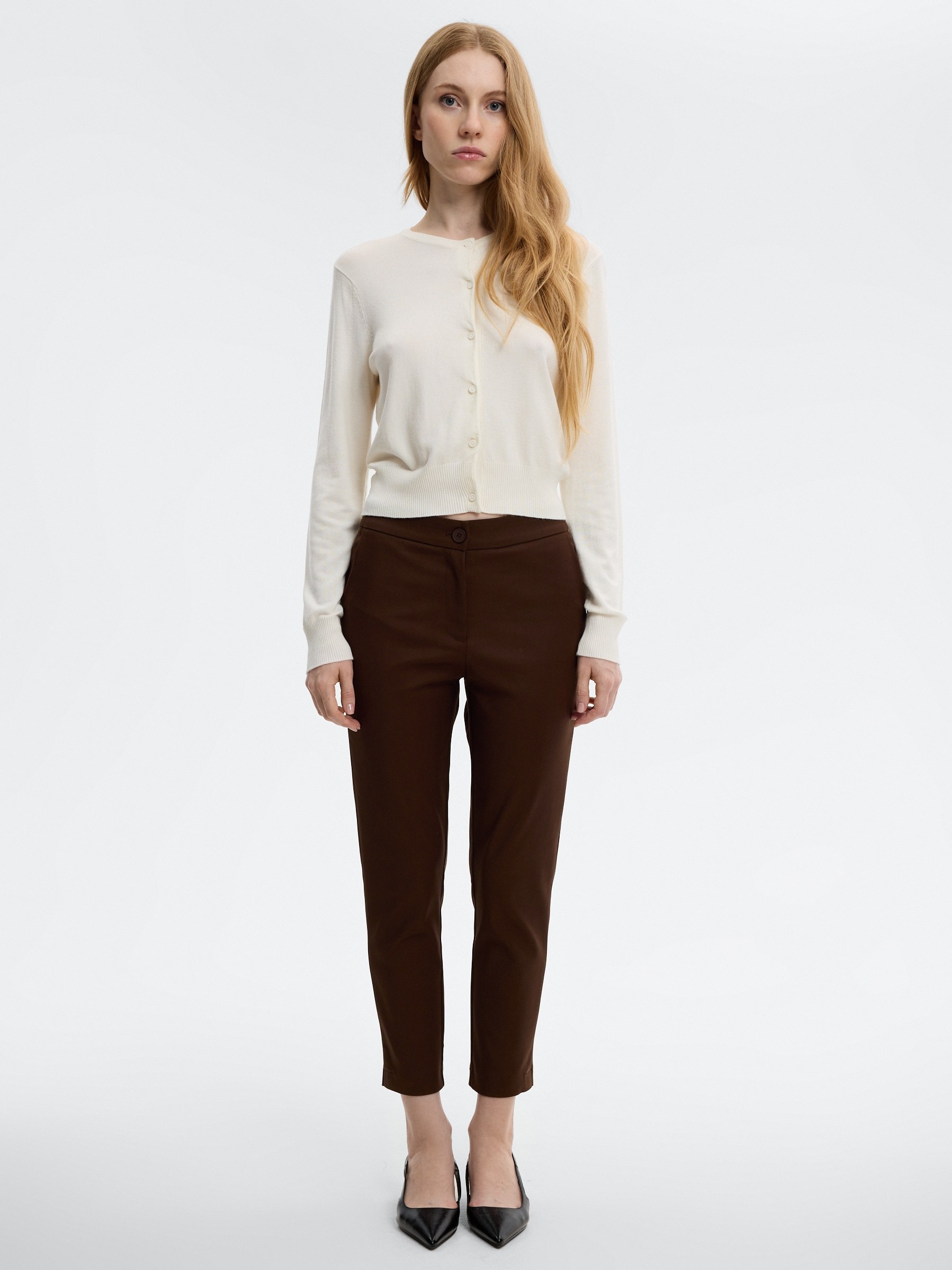 Slim pleated mid-rise pants taupe front view