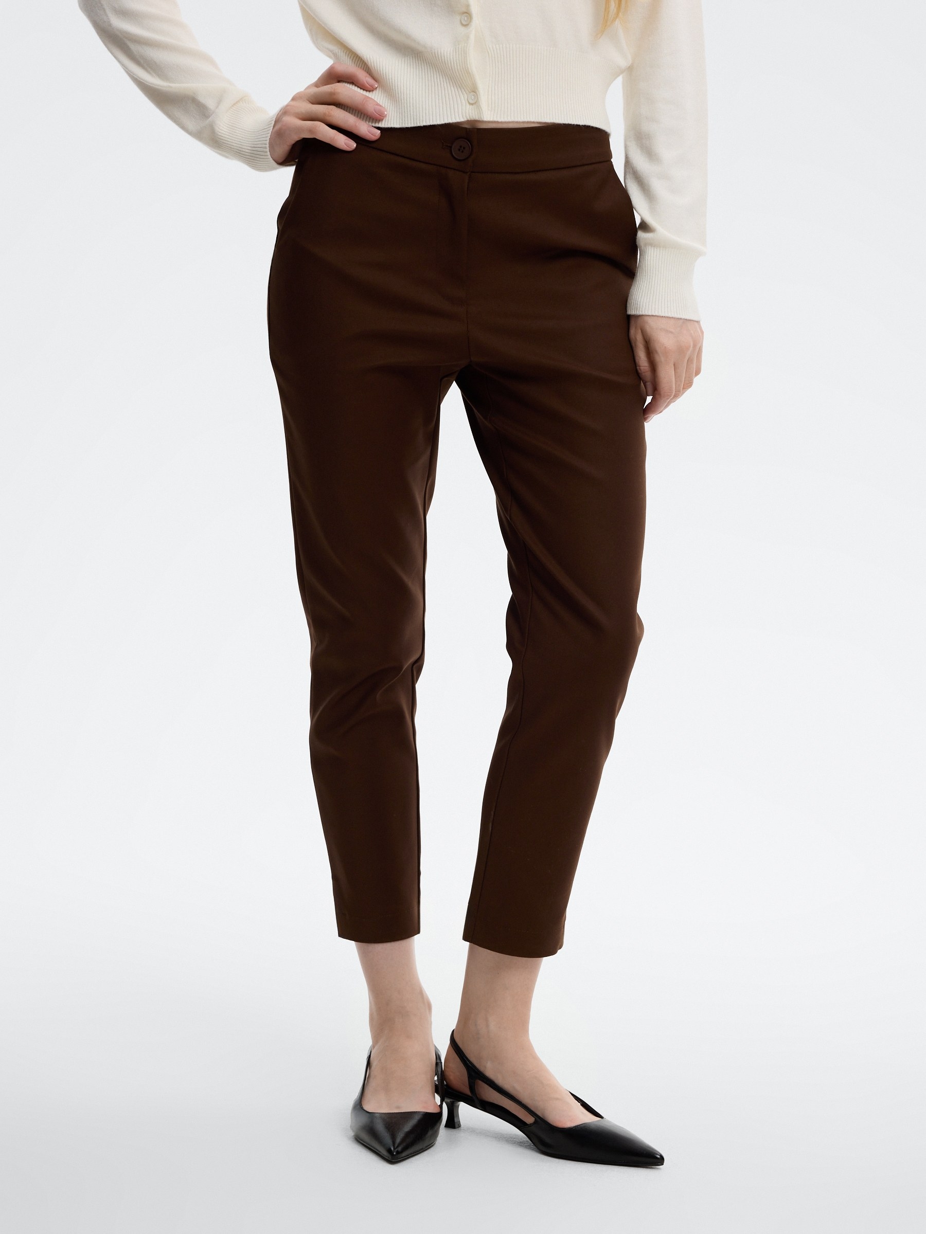 Slim pleated mid-rise pants taupe front view