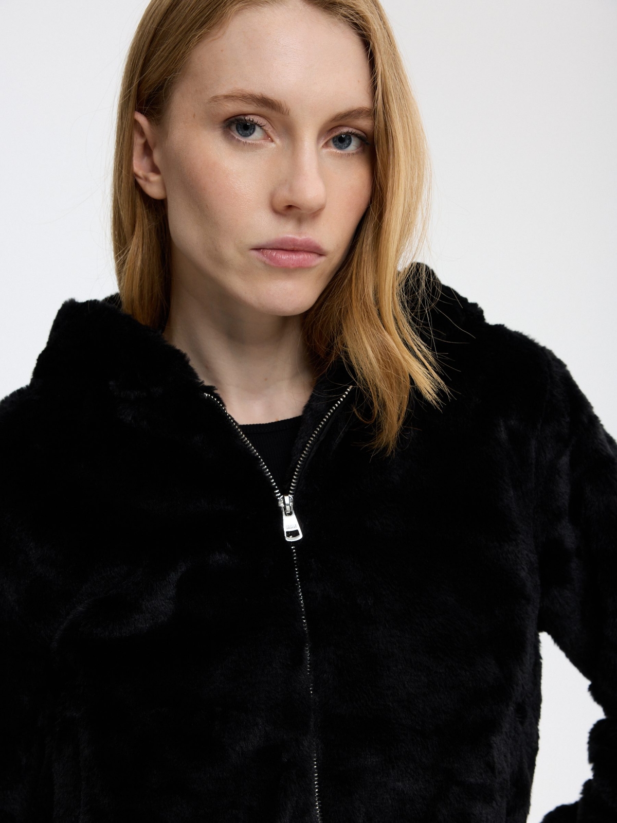 Fur hooded jacket black detail view