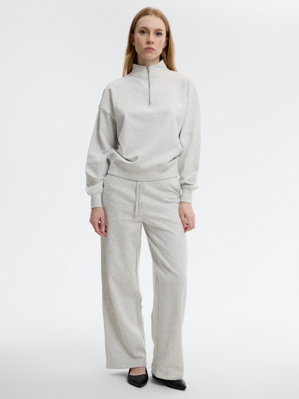 Plain high-waisted fleece sweatpants light melange front view