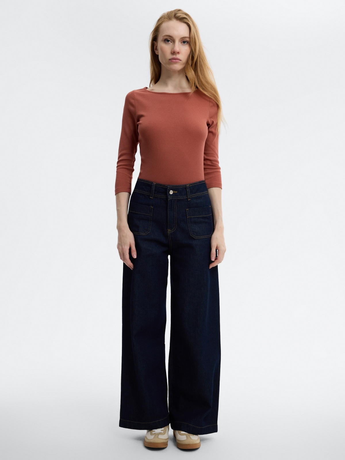 Ribbed boat-neck T-shirt brown front view