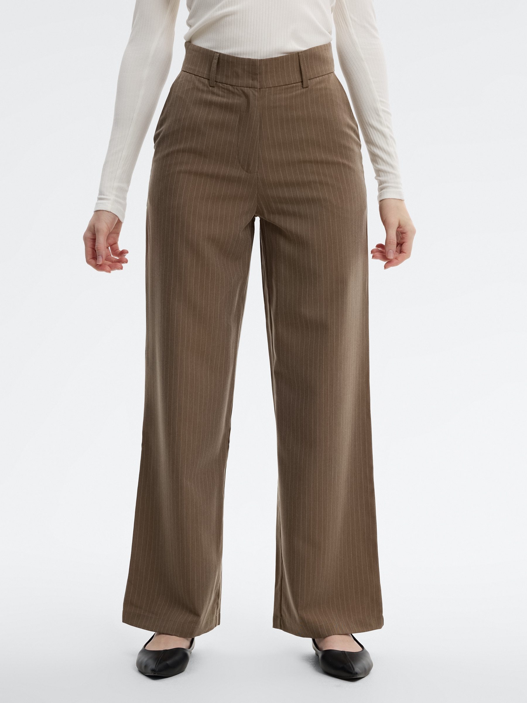 Straight-leg striped mid-rise pants taupe front view