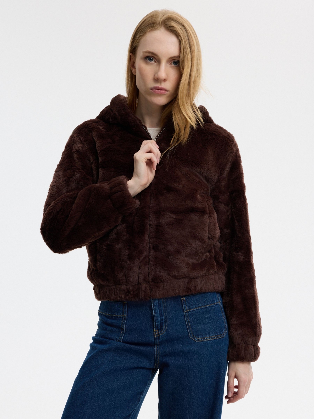 Fur hooded jacket chocolate middle front view