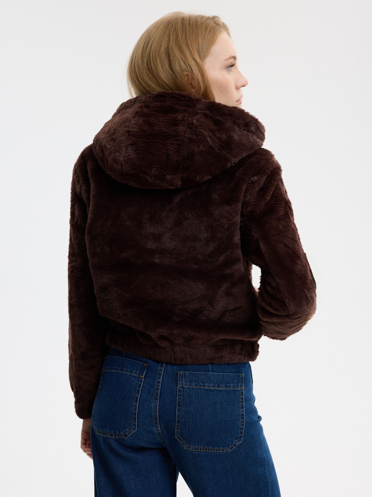 Fur hooded jacket chocolate middle back view