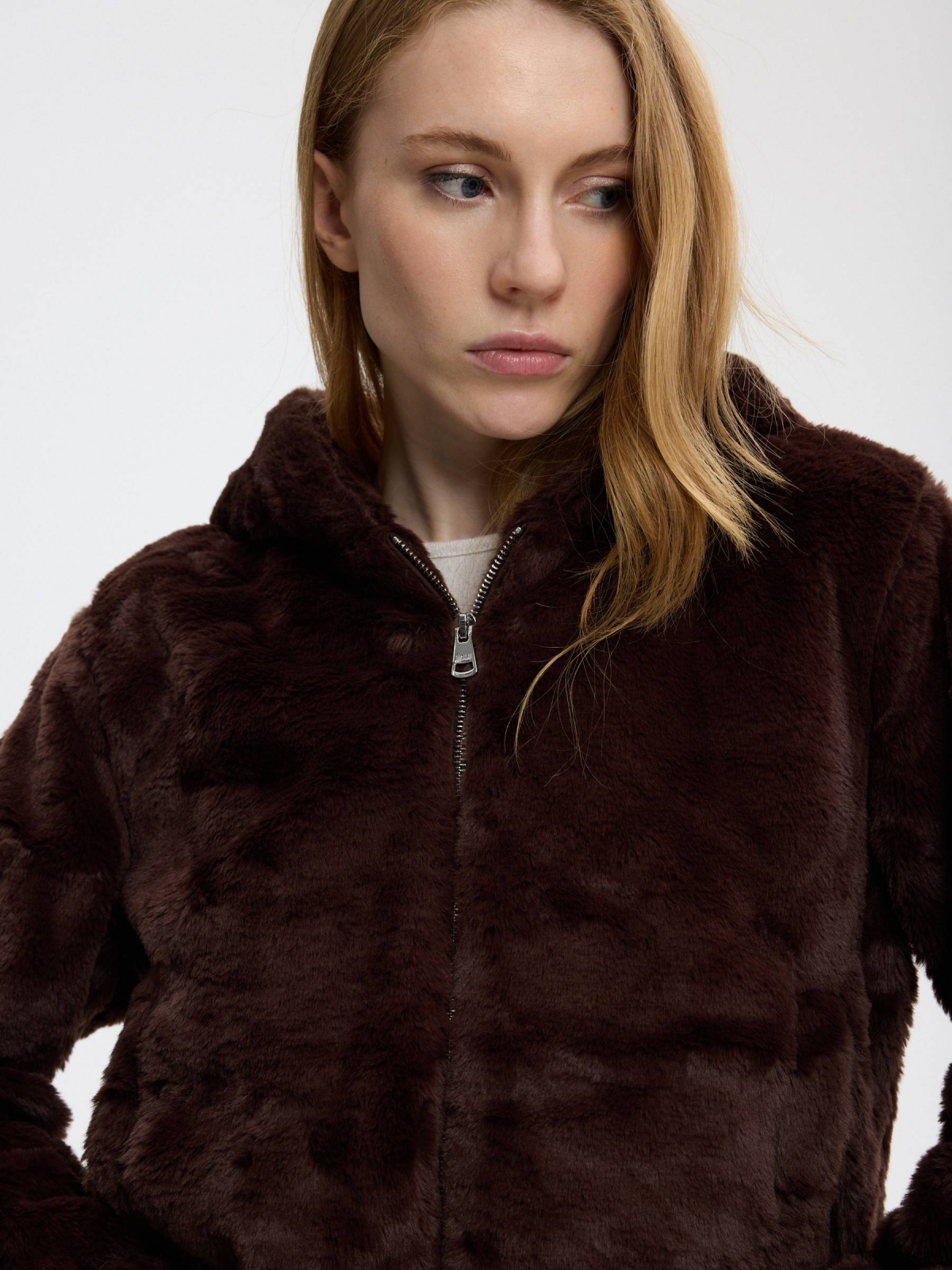 Fur hooded jacket chocolate detail view