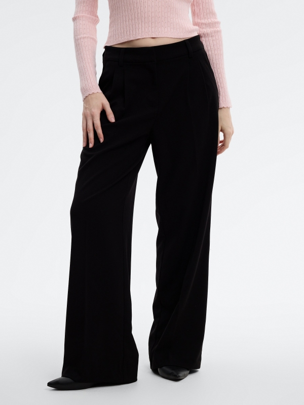 Double-pleat palazzo pants black middle front view