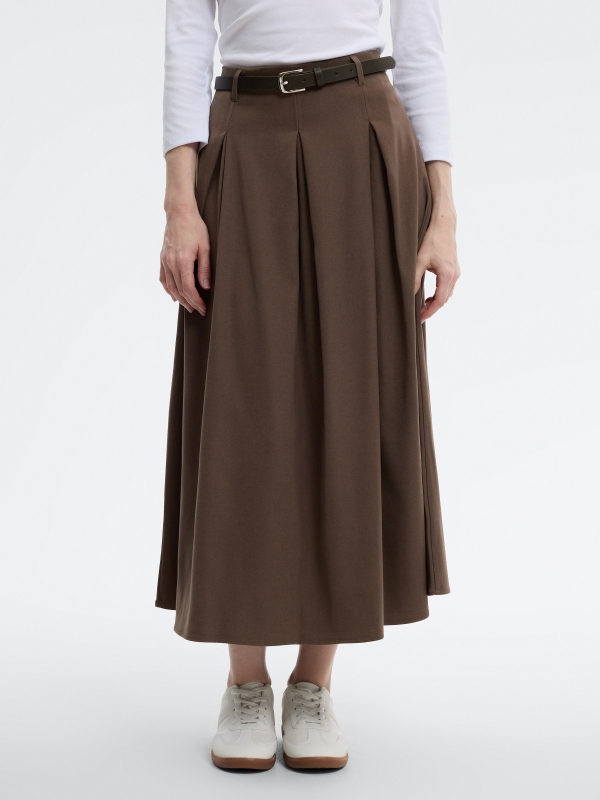 Saia midi evasê de viscose lisa taupe vista meia traseira
