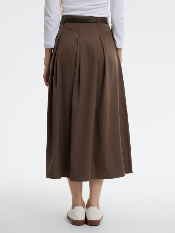 Saia midi evasê de viscose lisa taupe vista geral frontal