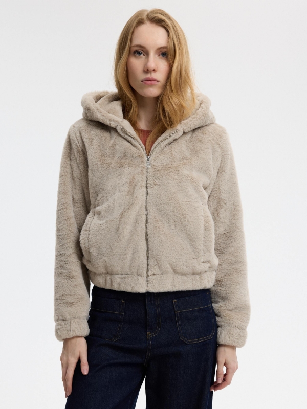 Fur hooded jacket taupe middle front view