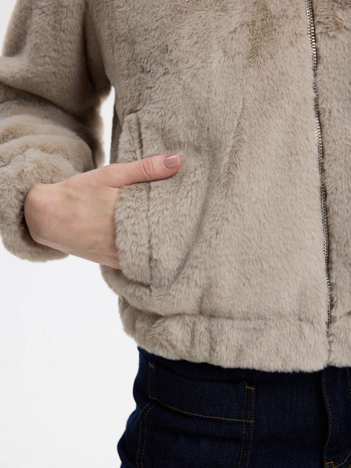 Fur hooded jacket taupe detail view