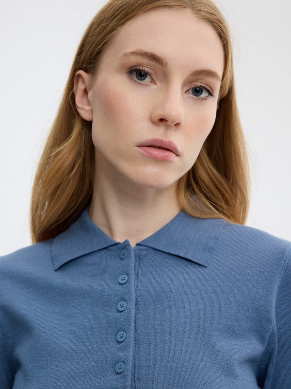 Knitted polo sweater with buttons steel blue detail view