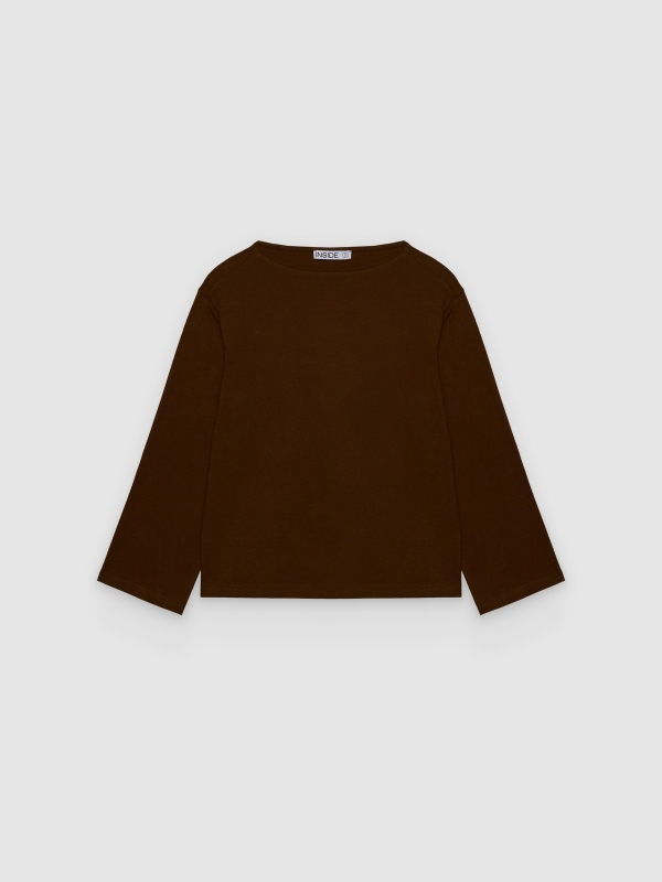  Camiseta básica manga larga cuello barco chocolate vista frontal