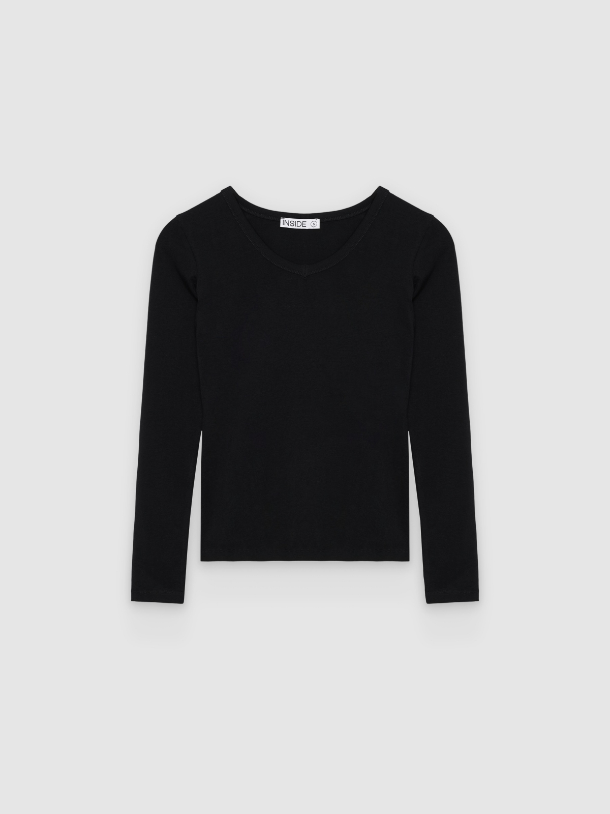 %Pto% Camiseta básica cuello pico manga larga negro vista frontal