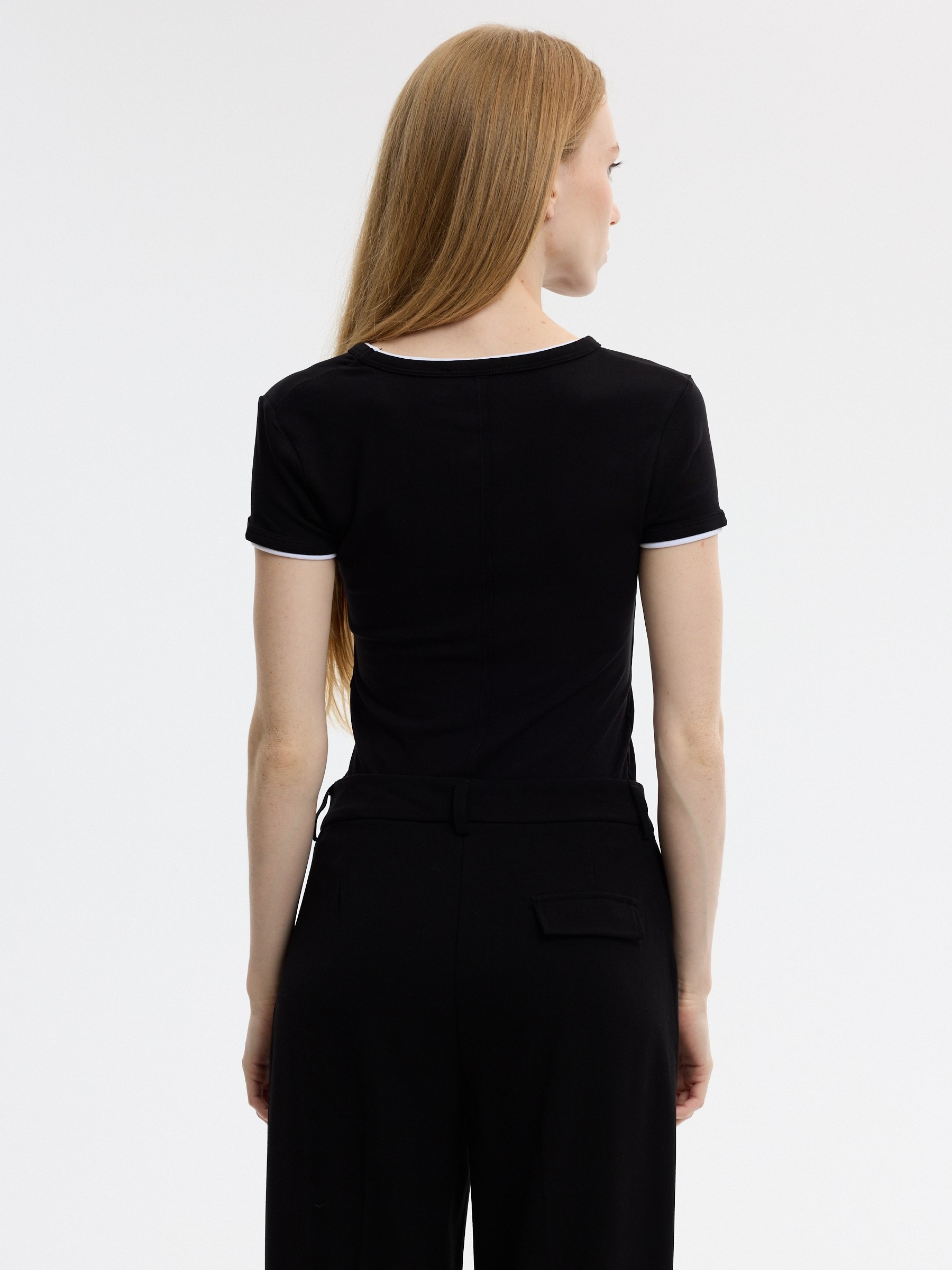 Slim viscose double-sleeve T-shirt black middle front view