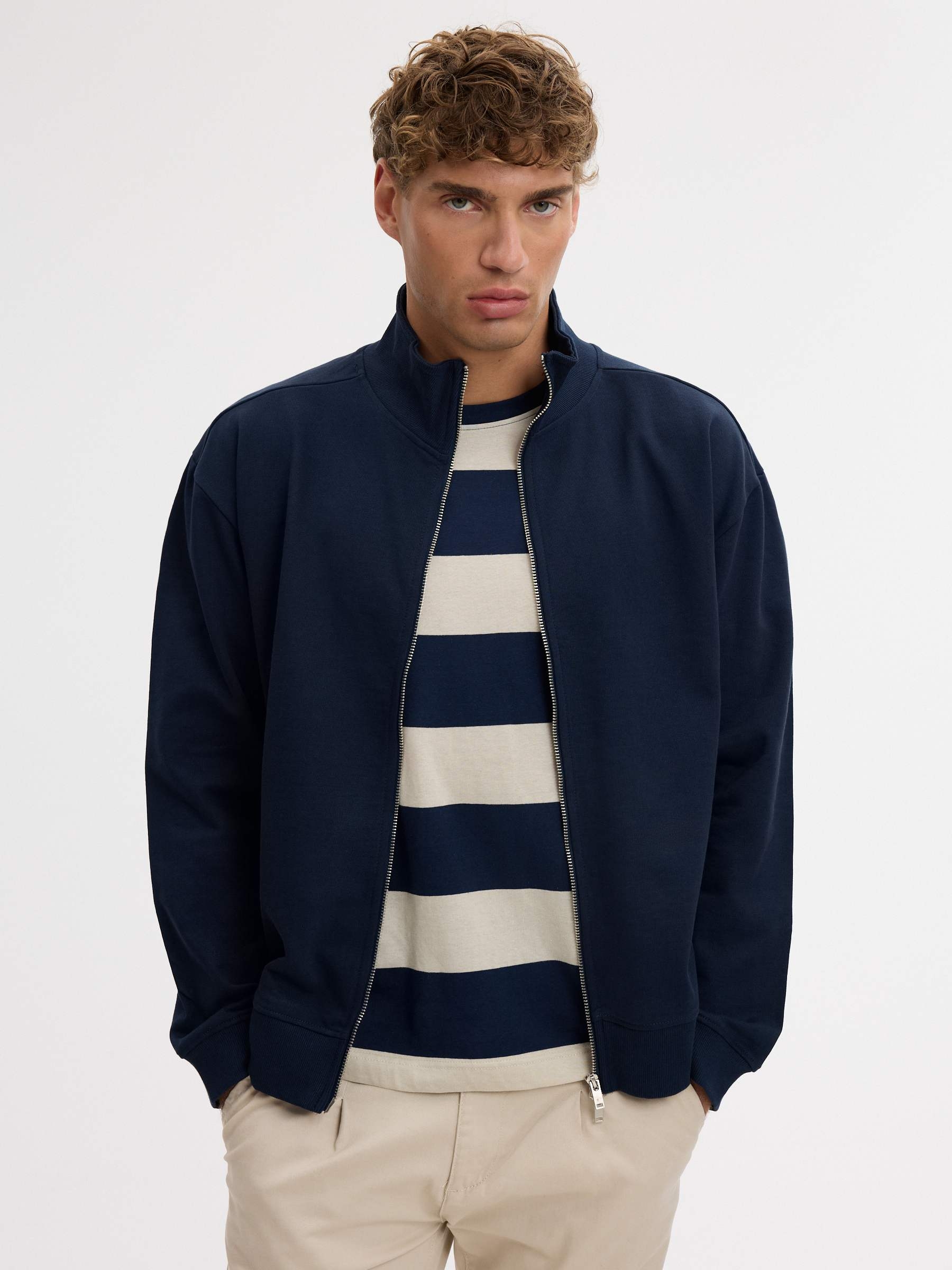 Ribbed zip-up high-neck jacket navy middle front view