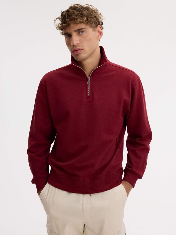 Sudadera cremallera semicisne lisa granate vista media frontal