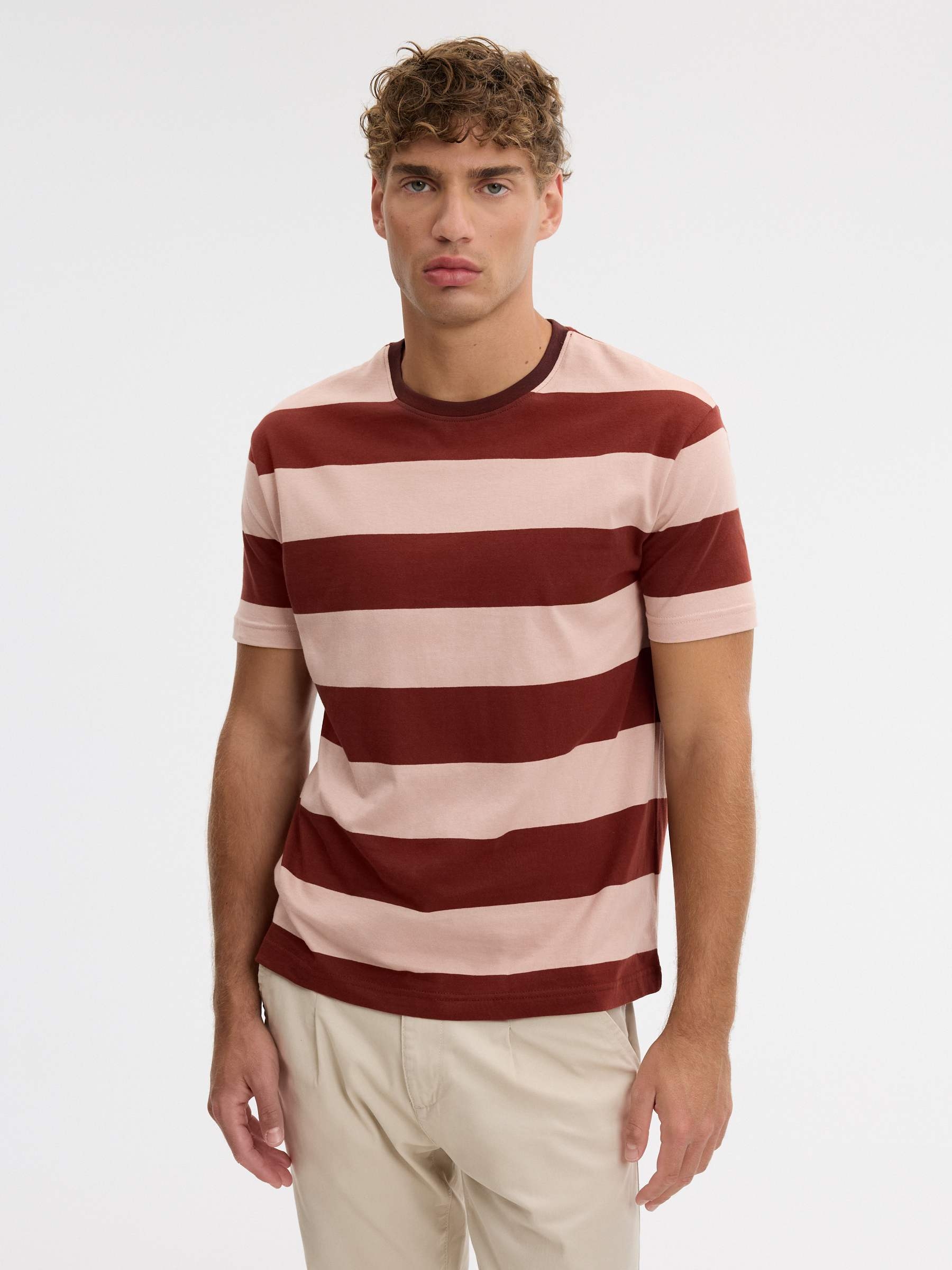 Two-tone striped contrast T-shirt garnet middle front view