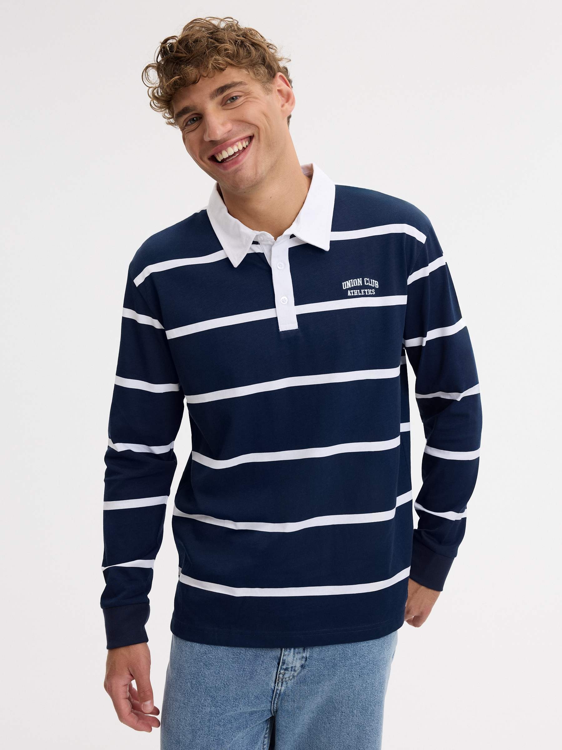 Polo oversize rayas manga larga azul marino vista media frontal