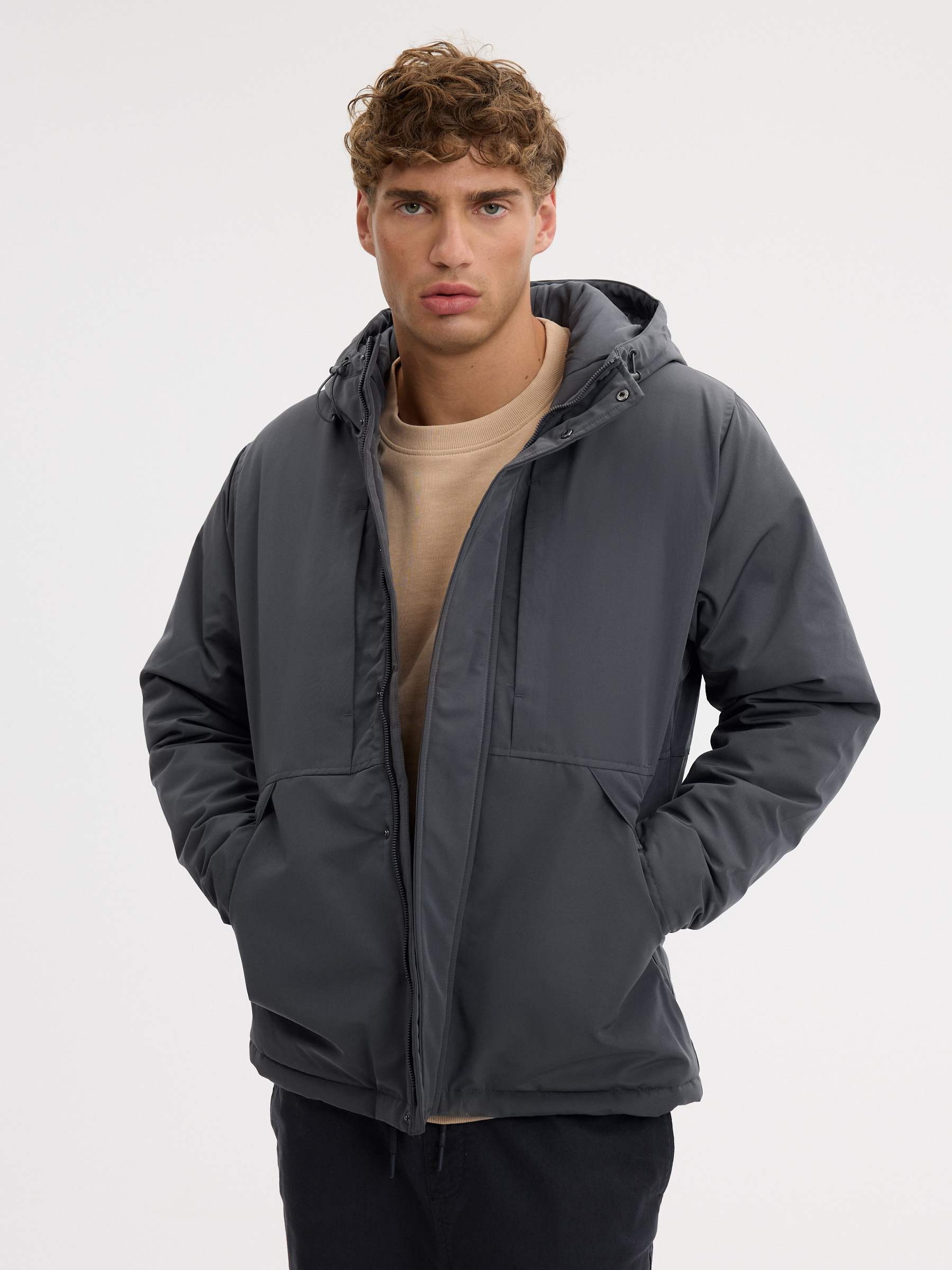 Padded hooded jacket navy middle front view