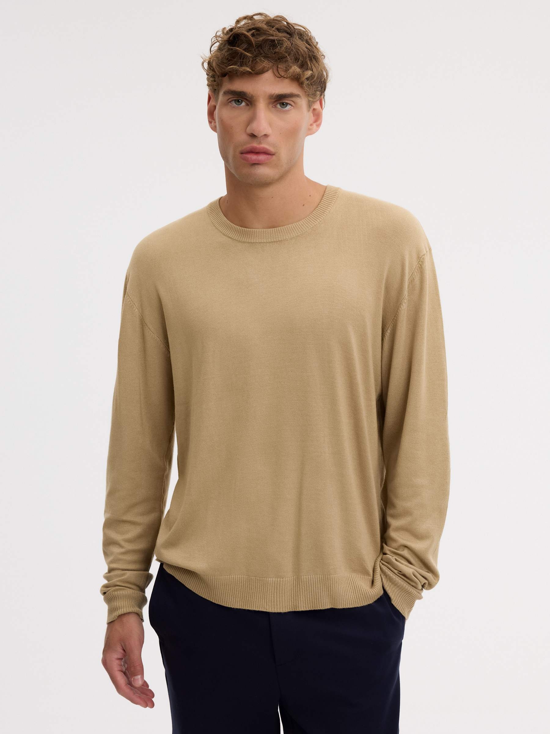 Plain knit jersey crew neck beige middle front view