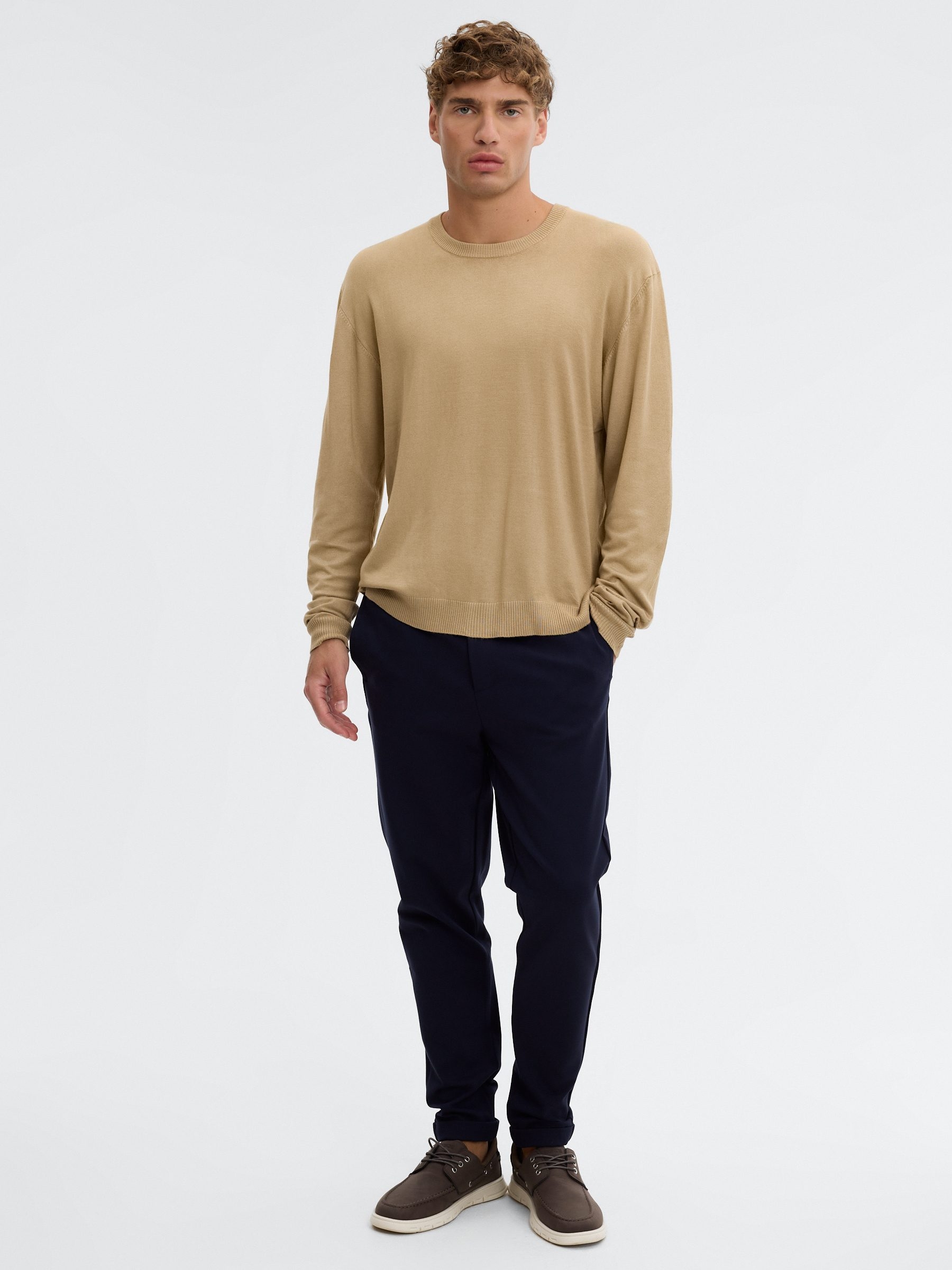 Plain knit jersey crew neck beige middle front view