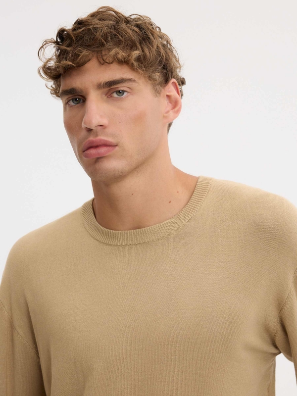 Plain knit jersey crew neck beige detail view