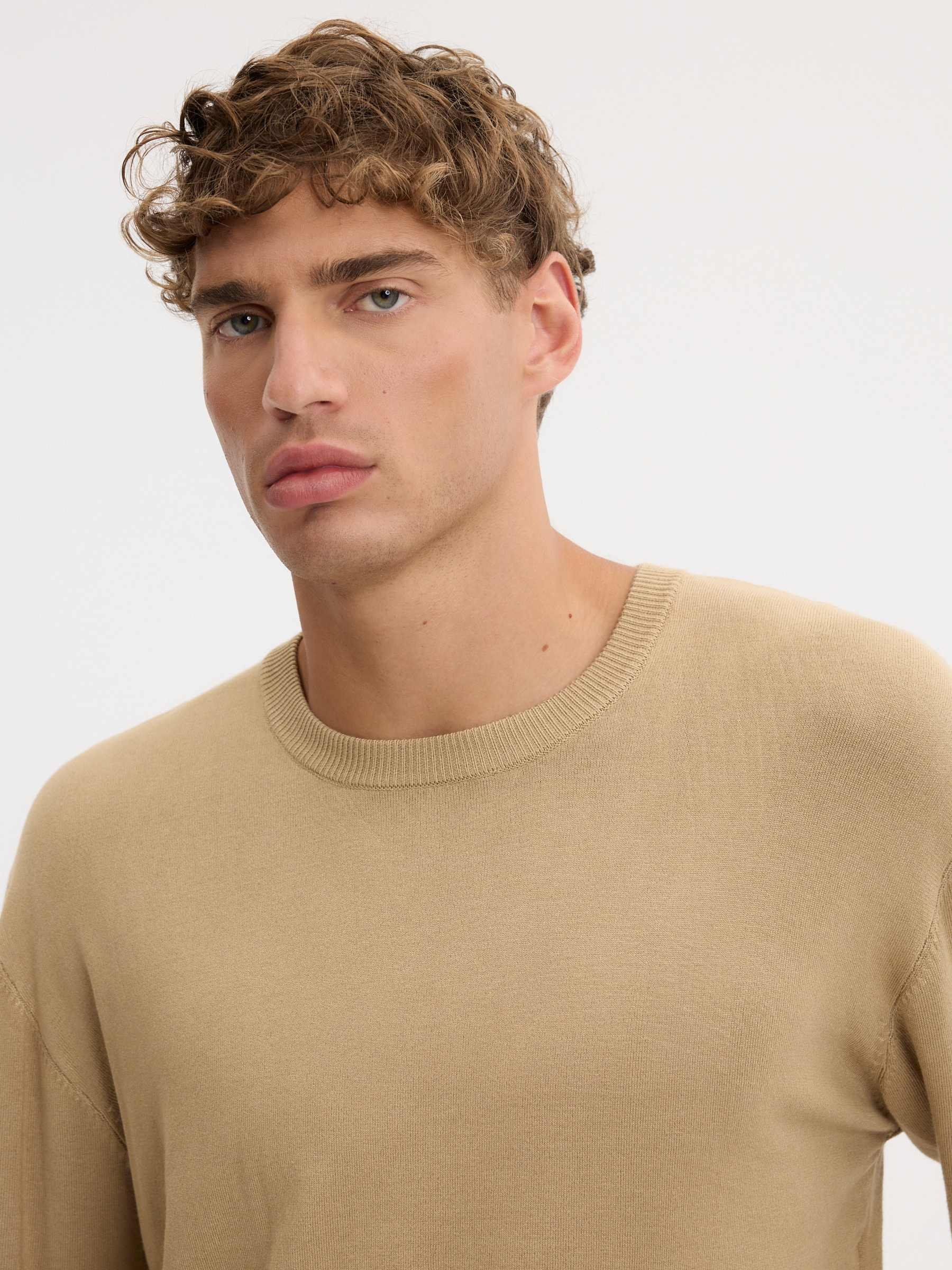 Plain knit jersey crew neck beige middle front view