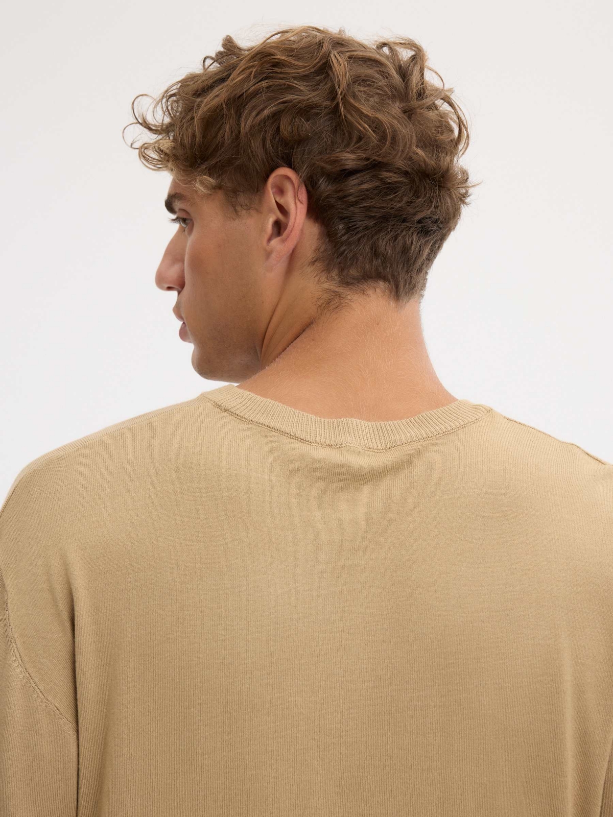 Plain knit jersey crew neck beige detail view